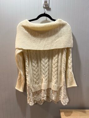 Knox Rose Cream Off-Shoulder Cable Knit Sweater with Lace Trim